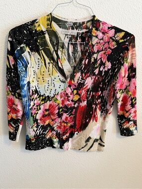 Alberto Makali Multicolor Floral Abstract Zip-Front Cardigan